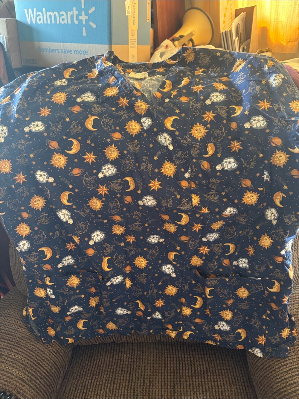 Women’s Navy Celestial Print Top - Sun, Moon & Stars scrub top